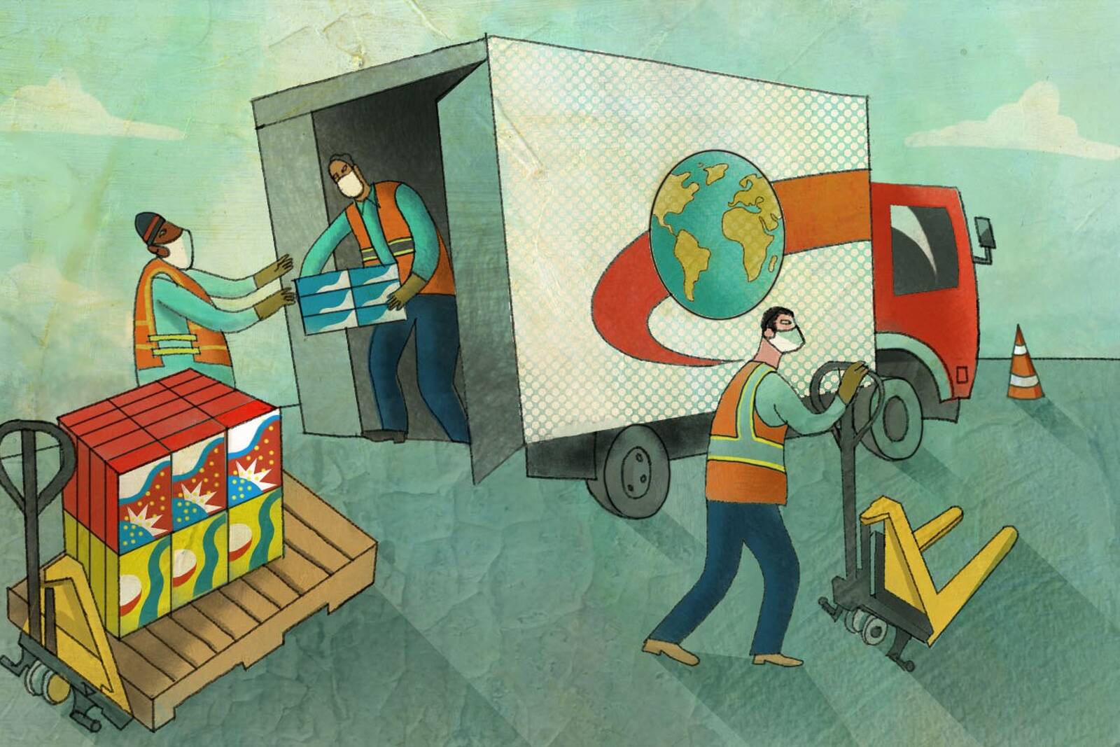 employees unload pallets from a truck using hand carts