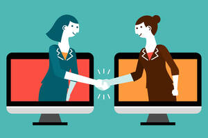 Two people collaborate online.