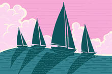 Blue-green silhouettes of sailing ships on an ocean swell, their shadows create circuit board patterns in the water. Background is a pink cloudy sky.